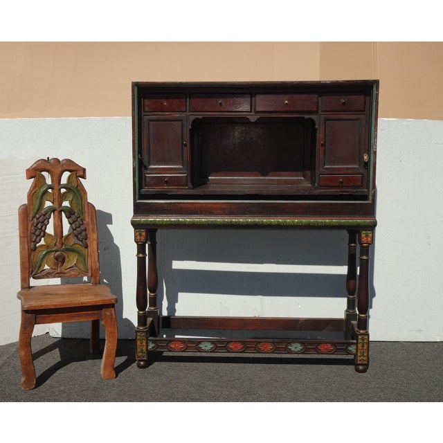 Antique Spanish Style Carved Vargueno Bargueno Drop Front Secretary Desk Cabinet For Sale - Image 4 of 18