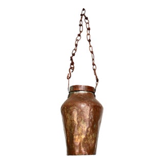 Antique Hand-Hammered Copper Vessel With Brass Chain, 19th Century For Sale