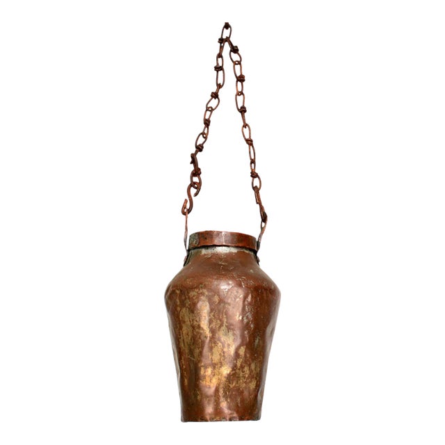 Antique Hand-Hammered Copper Vessel With Brass Chain, 19th Century For Sale