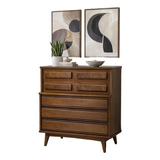 Mid Century Modern Walnut Dresser by United Furniture Co. | Burled Drawers | Refinished Storage 1960's For Sale