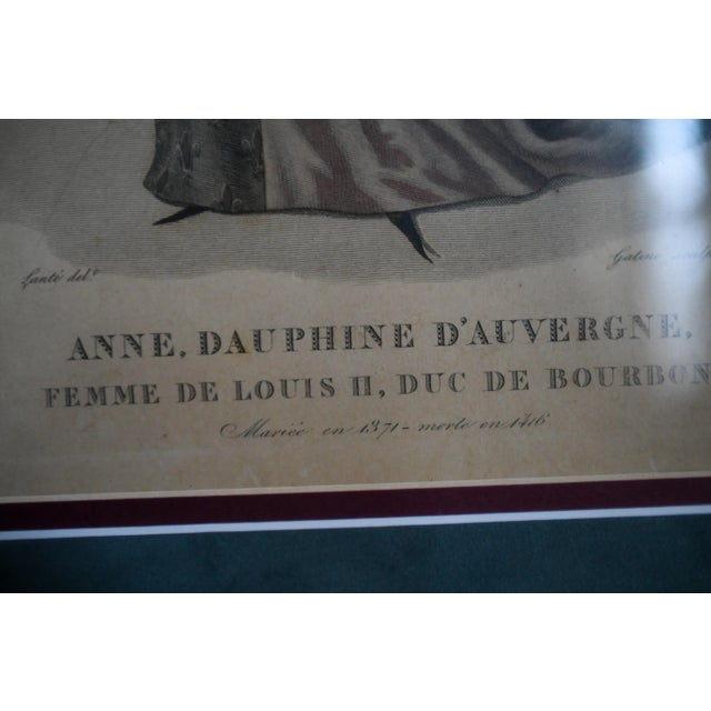 Blue Framed Antique Anne of Auvergne, Dauphine De Bourbon, Medieval Fashion Print Plate Royalty For Sale - Image 8 of 9