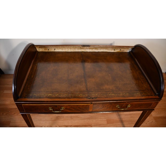 Wood 1870s Antique English Regency Mahogany Inlaid Cylinder Tambour Roll-Top Desk For Sale - Image 7 of 18
