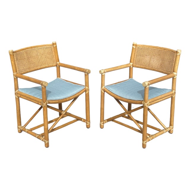Pair of Vintage Rattan McGuire Directors Style Armchairs, Newly Upholstered Sunbrella Seats For Sale