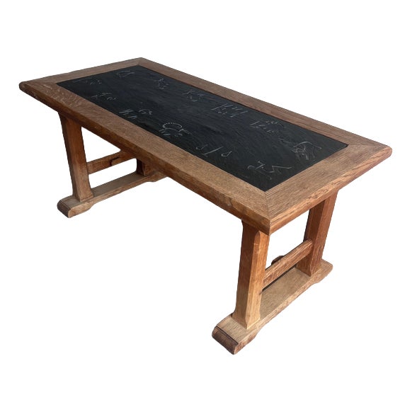 Brutalist Oak and Slate Coffee Table with Zodiac Motifs For Sale
