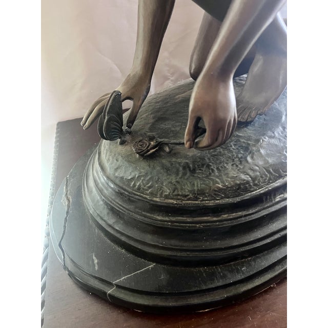 Mid 20th Century Vintage Grand Scale Patinated Bronze "Cupid Playing With a Butterfly" After Injalbert 1890 For Sale - Image 5 of 18