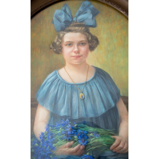 Aline Boisset, Young Girl with Blue Bouquet, 1940s, Pastel on Paper For Sale - Image 3 of 4