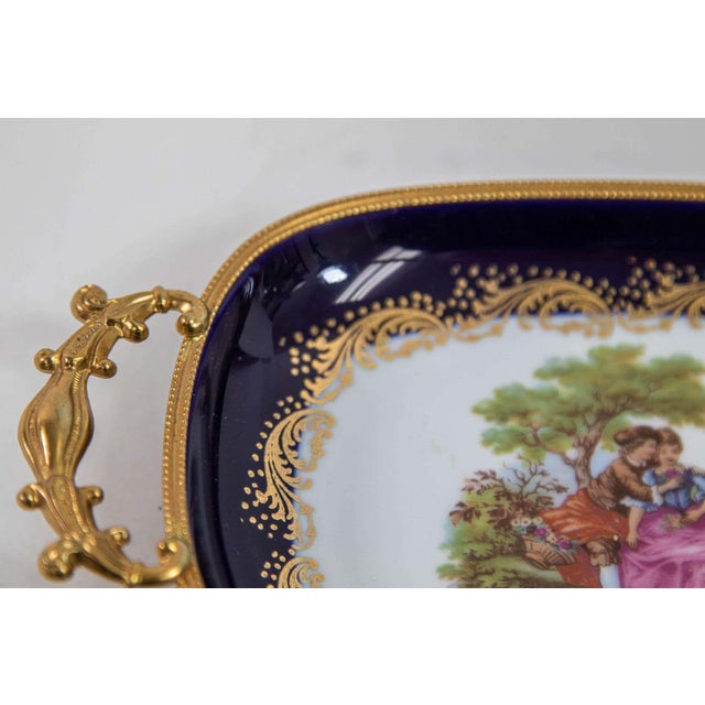 Limoges France Dish in Royal Blue with Fragonard Couple and Fine Gold Metal Trim For Sale - Image 9 of 17