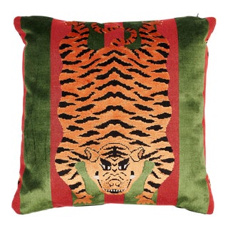 Schumacher x Johnson Hartig Jokhang Tiger Velvet 18" Pillow in Red & Green For Sale