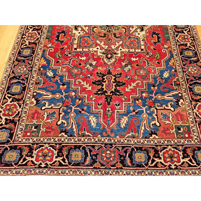 Vintage Persian Heriz Serapi Rug, Hand-Knotted Wool, Geometric Pattern, Red & Navy, 6x9 For Sale - Image 15 of 18