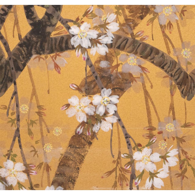 1960s Showa Era Japanese Painted Panel "Sakura" on Gold Silk Background For Sale - Image 11 of 18