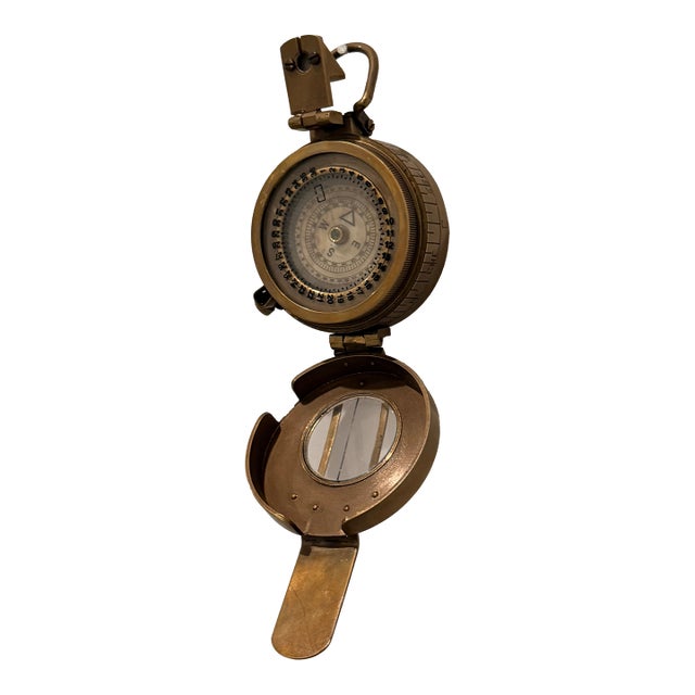 Vintage Brass Directional Compass With Lid & Sighting Window For Sale