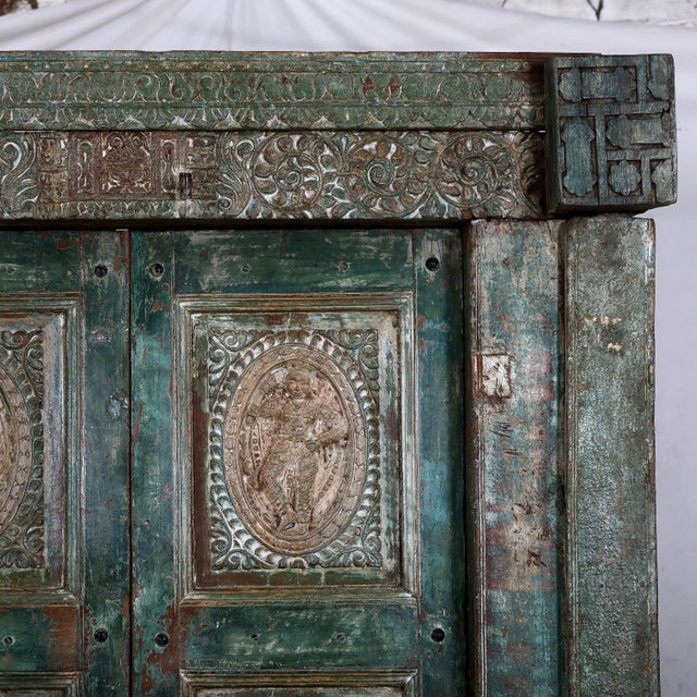 Indian Antique Indian Carved and Painted Teakwood “Krishna” Door + Frame For Sale - Image 3 of 8