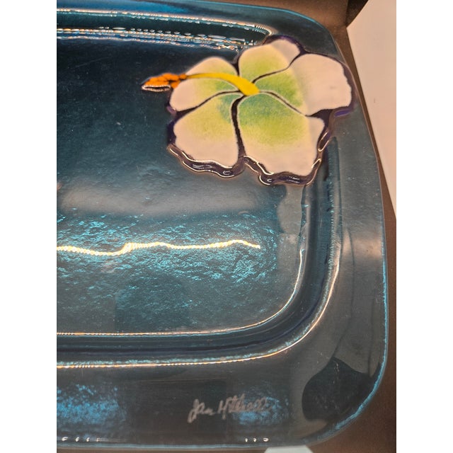 Signed Jan Mitchell Studio Art Fused Glass Hibiscus Flower Blue Tray