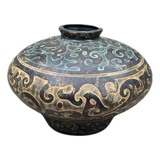 Vintage Chinese Style Studio Pottery Low-Profile Vase For Sale