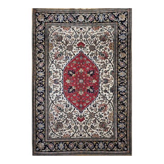 Vintage Persian Qum Area Rug, Hand-Knotted Wool & Silk, Floral Medallion Pattern, 5x7, Ivory & Red For Sale