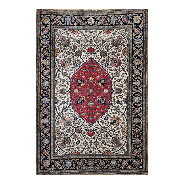 Vintage Qum Area Rug, Hand-Knotted Wool & Silk, Floral Medallion Pattern, 5x7, Ivory & Red For Sale