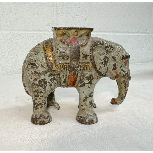 1910s Rare Antique Early 1900 Hand Painted Cast Iron Circus Howdah Elephant Still Bank For Sale - Image 5 of 10