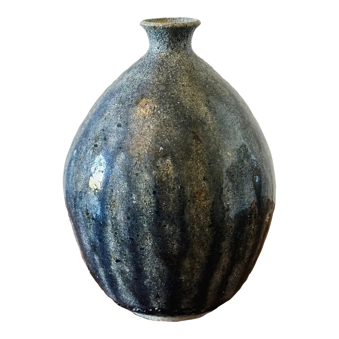 Mid-Century Hand Thrown Pottery Bud Vase in Blue Drip Glaze | Chairish