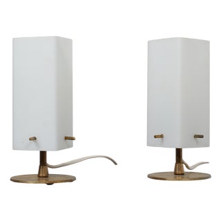 1950s Italian Opaline Glass and Brass Bedside Table Lamps, Set of 2 For Sale