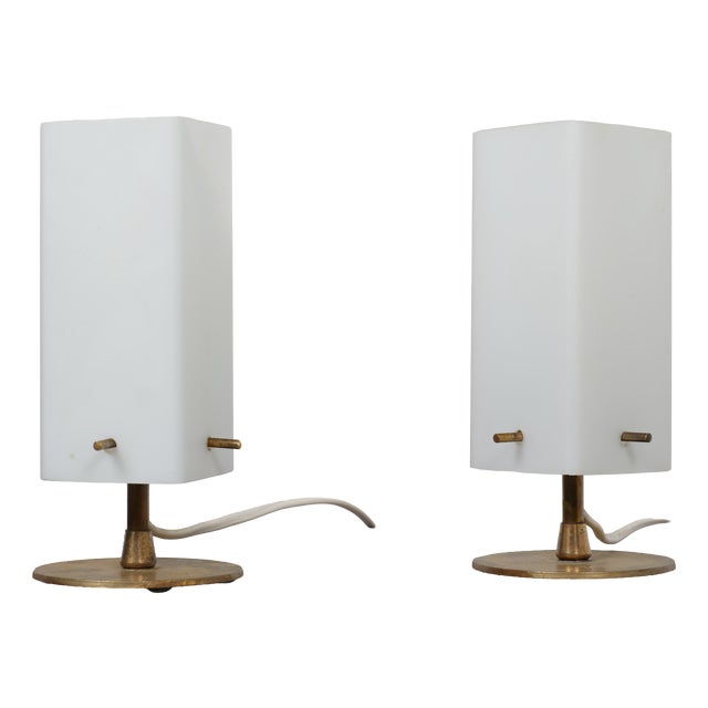 1950s Italian Opaline Glass and Brass Bedside Table Lamps, Set of 2 For Sale