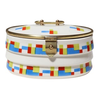 German Art Deco Ceramic and Brass Biscuit Tin With Geometric Motif For Sale