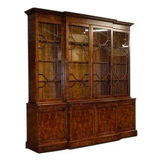 Large Georgian Burr Walnut Breakfront Display Cabinet For Sale