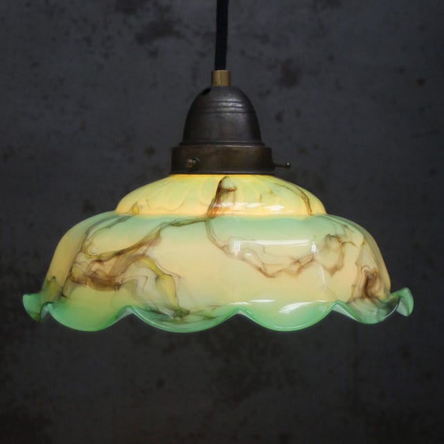 French Green Clichy Marble Patern Glass Pendant Lamp, 1920s, Set of 2 For Sale - Image 4 of 9