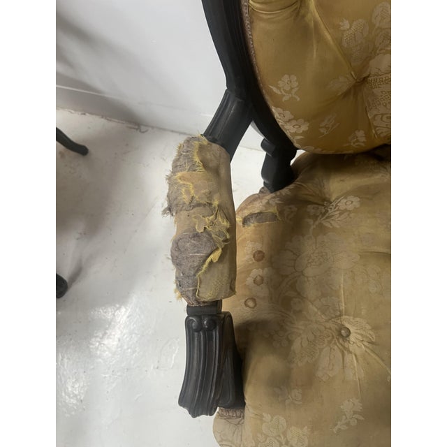 Pair of napoleon iii armchairs in the louis xv style solid pearwood frame medallion backs worn upholstery, see photos...