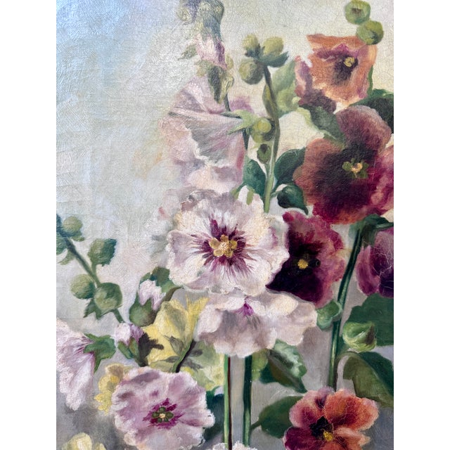 Victorian Victorian-Era Hollyhocks, Original Oil Painting For Sale - Image 3 of 5