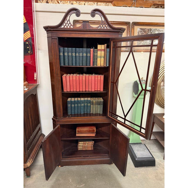Wood Antique Georgian Revival Mahogany Corner China Cabinet With Astragal Glass For Sale - Image 7 of 8