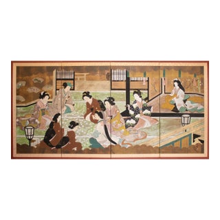 C. 1960s Showa Era Ukiyo-E Style Painted Byobu Screen "Playing Hyakunin Isshu" For Sale