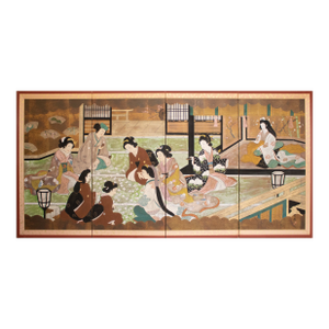 C. 1960s Shōwa Era Ukiyo-E Style Painted Byobu Screen "Playing Hyakunin Isshu"