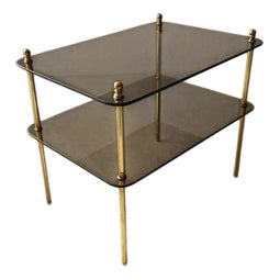 Vintage Smoked Glass and Brass Side Table, 1970s For Sale