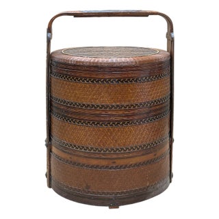 Vintage Oriental Handmade Brown Rattan Stack Basket With Handle For Sale