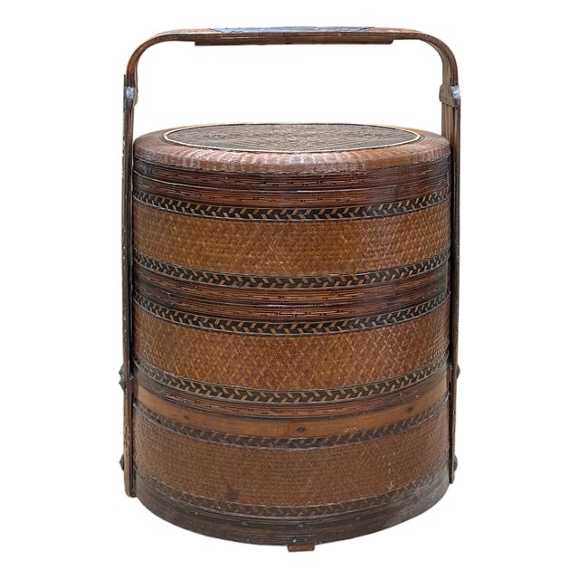 Vintage Oriental Handmade Brown Rattan Stack Basket With Handle For Sale