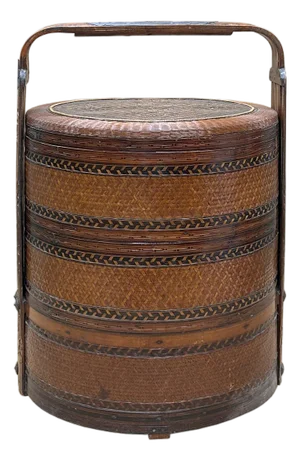 Vintage Oriental Handmade Brown Rattan Stack Basket With Handle
