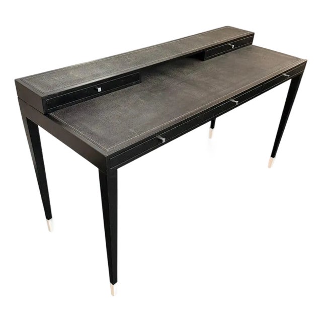 Italian Designer Tiered Black Lacquer Shagreen Leather Writing Desk For Sale