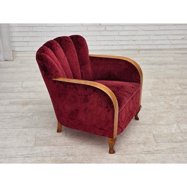 1960s, Danish armchair. Cherry-red furniture velour, bent beech wood, springs in the seat. Original good condition: no...