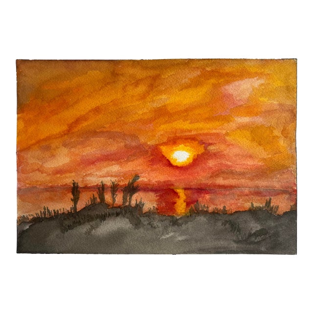 Vibrant Unframed Watercolor Painting of Sunset Landscape For Sale