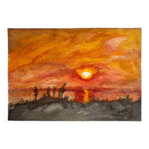 Vibrant Unframed Watercolor Painting of Sunset Landscape