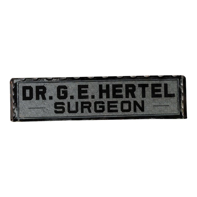 Antique "Dr. g.e. Hertel, Surgeon" Foil-Backed Scalloped-Edged Glass Sign For Sale
