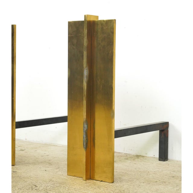 Mid-Century Modern Pair of Mid Century Modernist Polished Brass Fireplace Andirons For Sale - Image 3 of 9