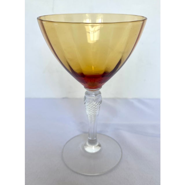 1930s Mid-Century Cambridge Glass Amber & Clear Stem Champagne Coupes - Set of 7 For Sale - Image 11 of 18