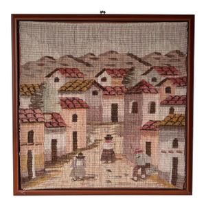 Vintage Hand-Woven Peruvian Folk Art Wool Tapestry Depicting a Village Scene