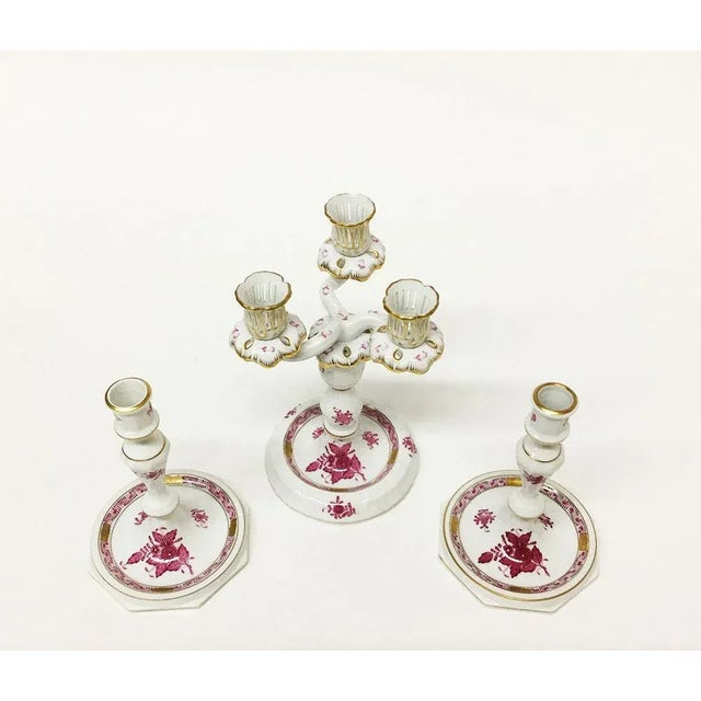 Herend Hungary porcelain "Chinese Bouquet Raspberry" candleholders The candleholder with 3 arms has a standard for 1...