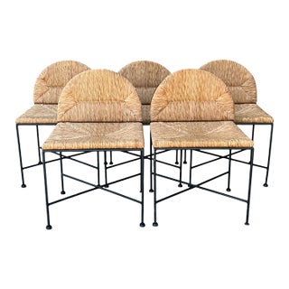 Vintage Woven Rush and Metal Dining Chairs - Set of 5 For Sale