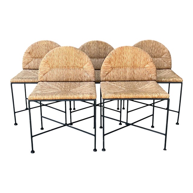 Vintage Woven Rush and Metal Dining Chairs - Set of 5 For Sale