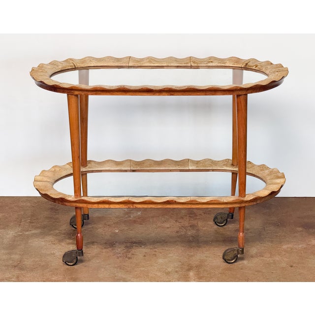 Italian Two-Tier Drinks Cart of Scalloped Wood and Glass - Mid 20th Century For Sale - Image 4 of 10