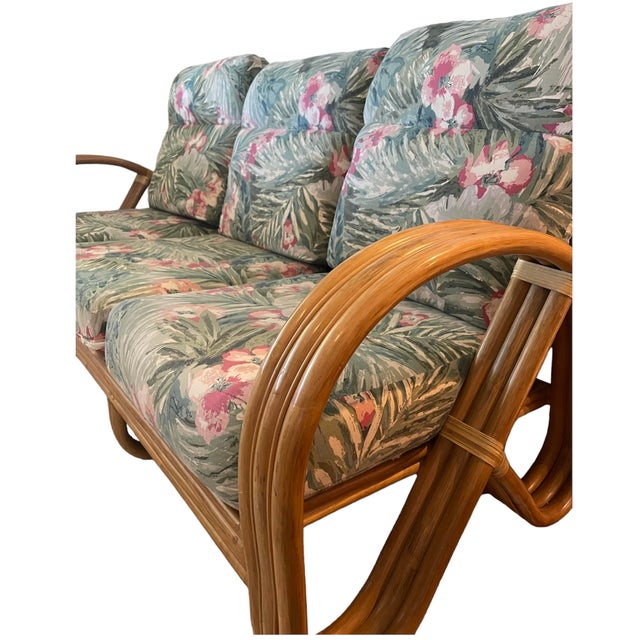 Chinoiserie 1970s Vintage Paul Frankl Style Rattan 3/4 Pretzel Sofa For Sale - Image 3 of 11