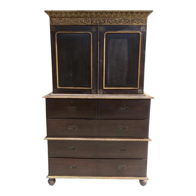 Anglo Indian Cupboard Linen Press Rosewood Carved Painted Detail 19th Century For Sale